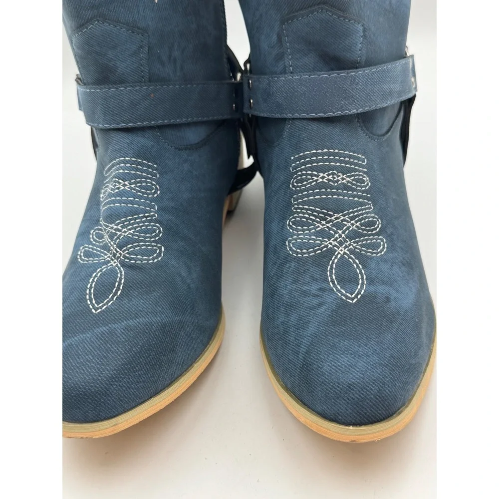 Blue Denim Embroidered Western Knee High Boots Harness Detail Tall Zip Up